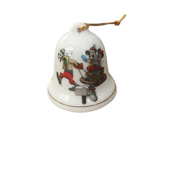 Grolier Mickey Disney Sledding Christmas Porcelain Bell Ornament 1993 - Picture 1 of 4